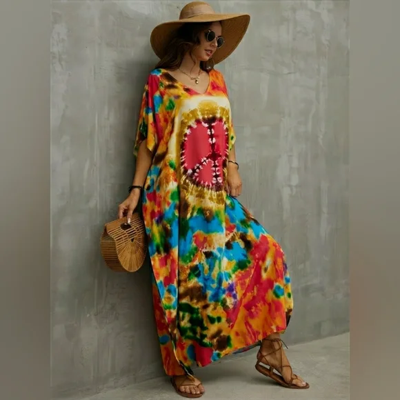 Kaftan Dress Swimsuit Coverup Tie Dye Peace Maxi XL NEW✌️ Last 1 - Picture 6 of 9